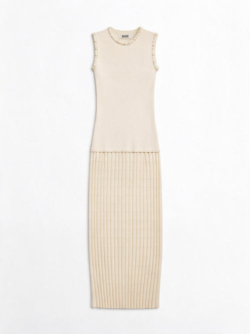 Silvian Heach Abito Midi in Maglia con Gonna Plissé e Rouches