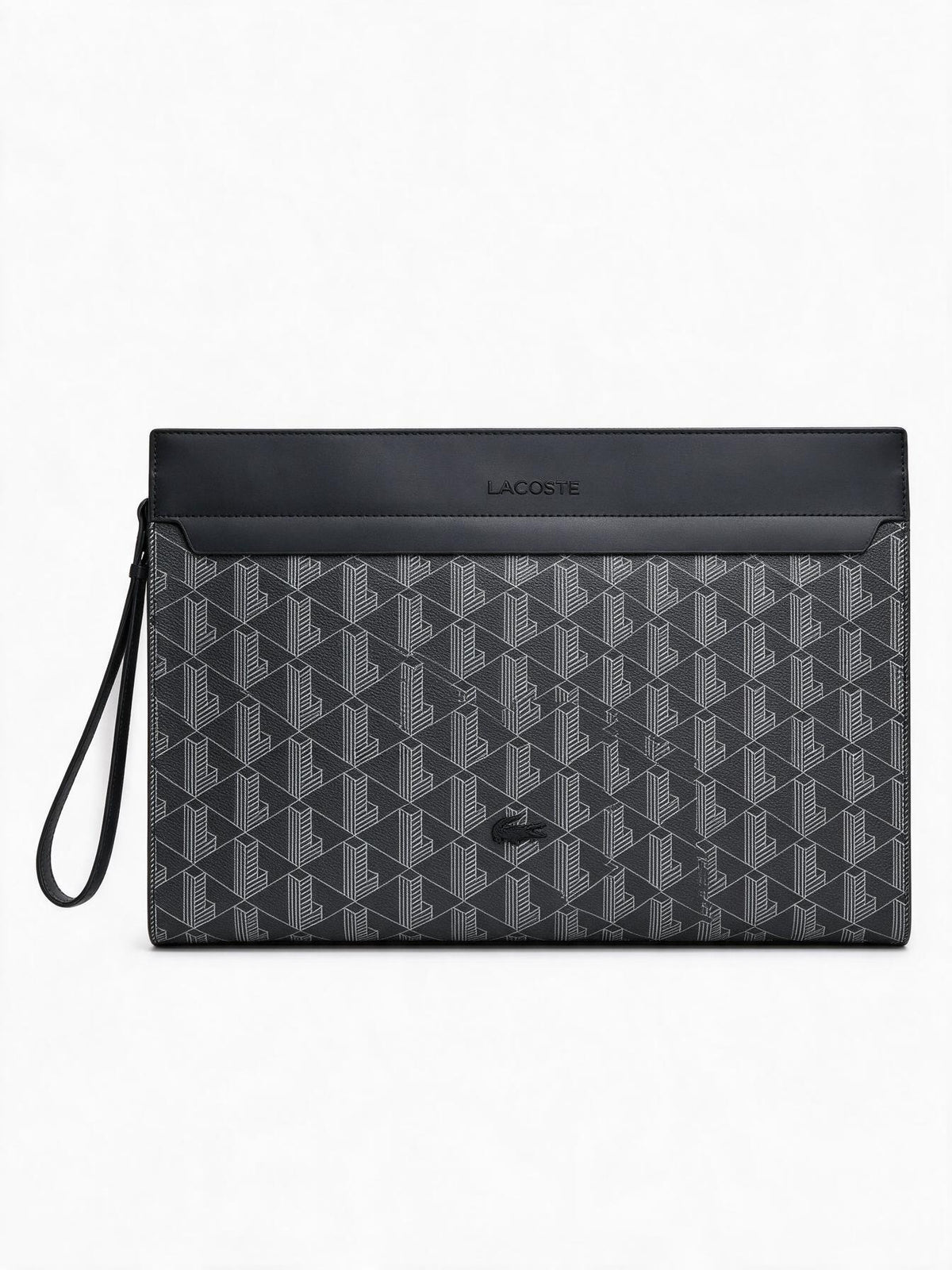 Lacoste Pochette THE BLEND MONOGRAM nera da uomo con stampa monogram all-over