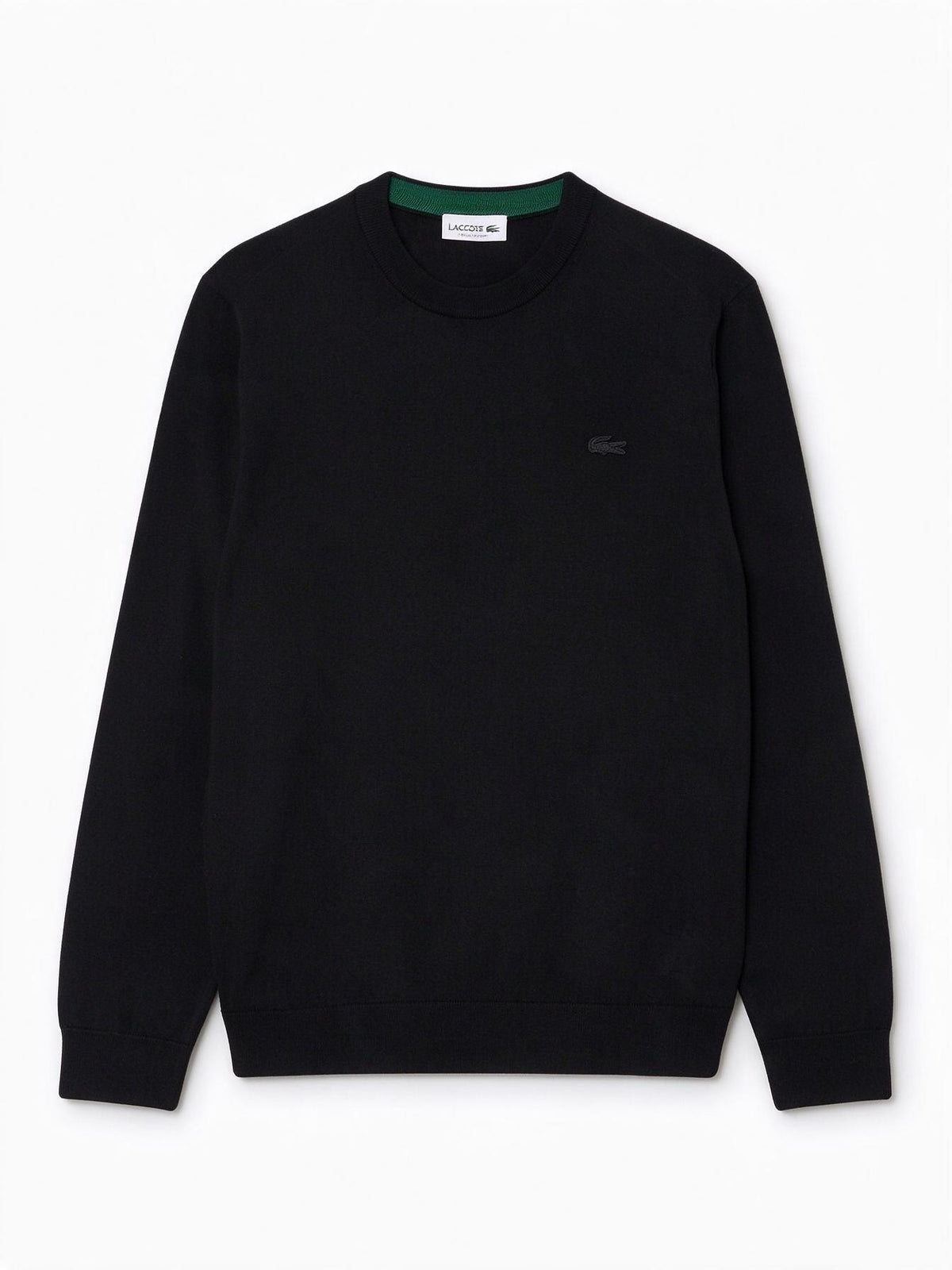 Lacoste Maglione girocollo in lana merino color nero da uomo con coccodrillo ric