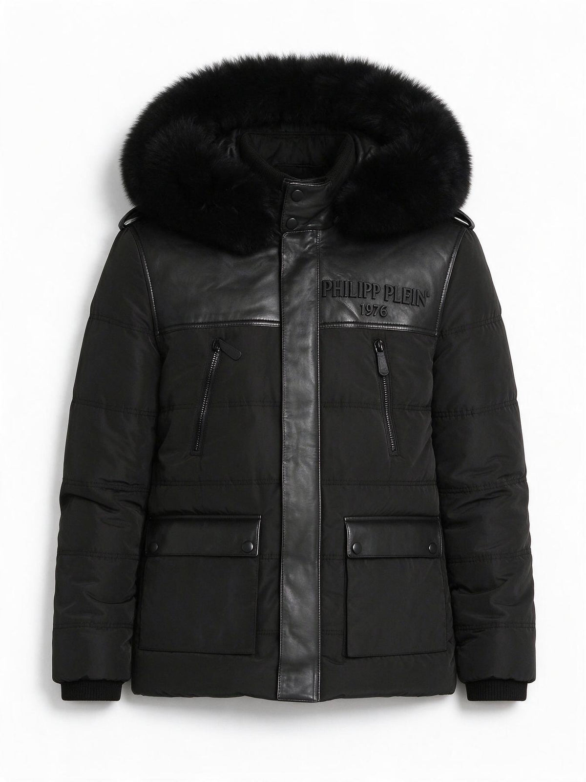 Philipp Plein Black Leather Panel Quilt Jacket